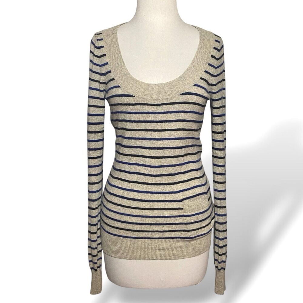 Theory Women Cashmere Sweater Size M Grey Blue Black Stripes Deep Scoop Neck